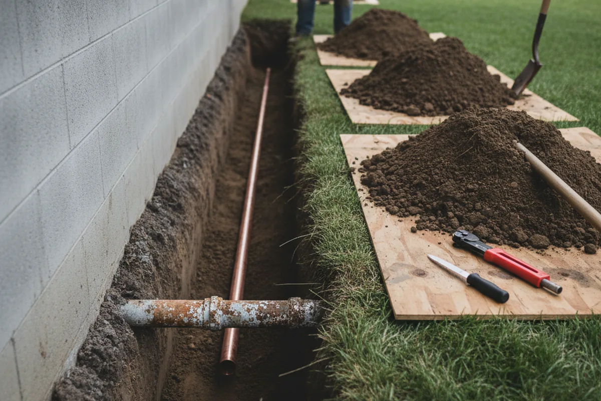 Excavated water line trench during Water Softener Installation in Pennellville